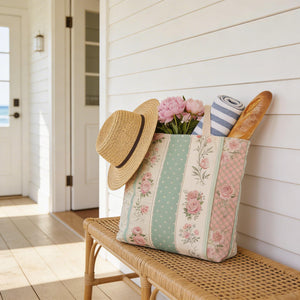 A wicker bench with a woven seat and a woven handle, holding a bag with a straw hat and a bouquet of pink flowers.