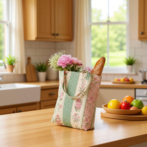 A floral patterned tote bag with a handle, containing a bouquet of pink flowers and a loaf of bread.