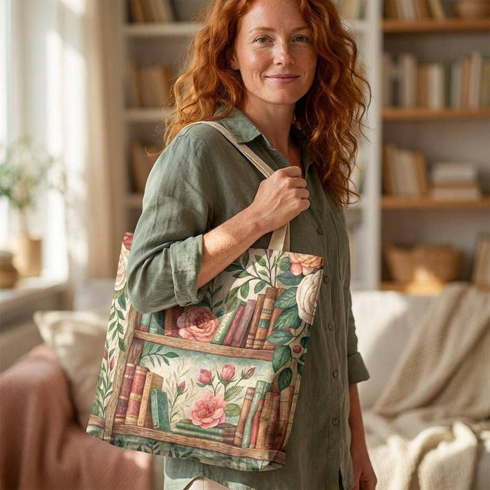Tote Bag: Floral Bookshelf Design - Durable Polyester Carryall For Shopping and Books, 3 Sizes