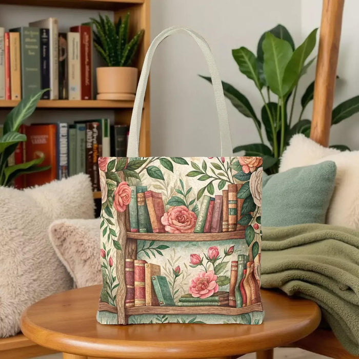 Tote Bag: Floral Bookshelf Design - Durable Polyester Carryall For Shopping and Books, 3 Sizes