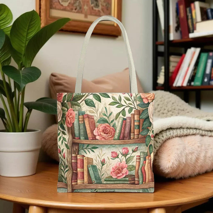 Tote Bag: Floral Bookshelf Design - Durable Polyester Carryall For Shopping and Books, 3 Sizes