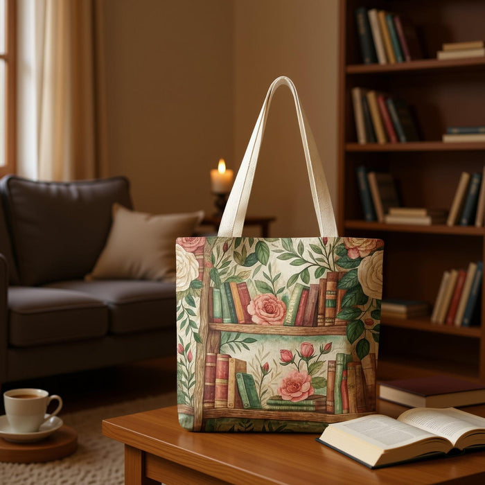 Tote Bag: Floral Bookshelf Design - Durable Polyester Carryall For Shopping and Books, 3 Sizes