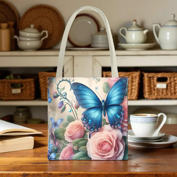 Butterfly Tote Bag, Floral Print, Blue and Pink Roses Books Shopping (Everyday Use)
