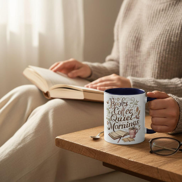 A white mug with a black handle, featuring a printed design that says "Books Coffee Quiet Mornings" along with illustrations of an open book, a cup of coffee, and a warm beverage.