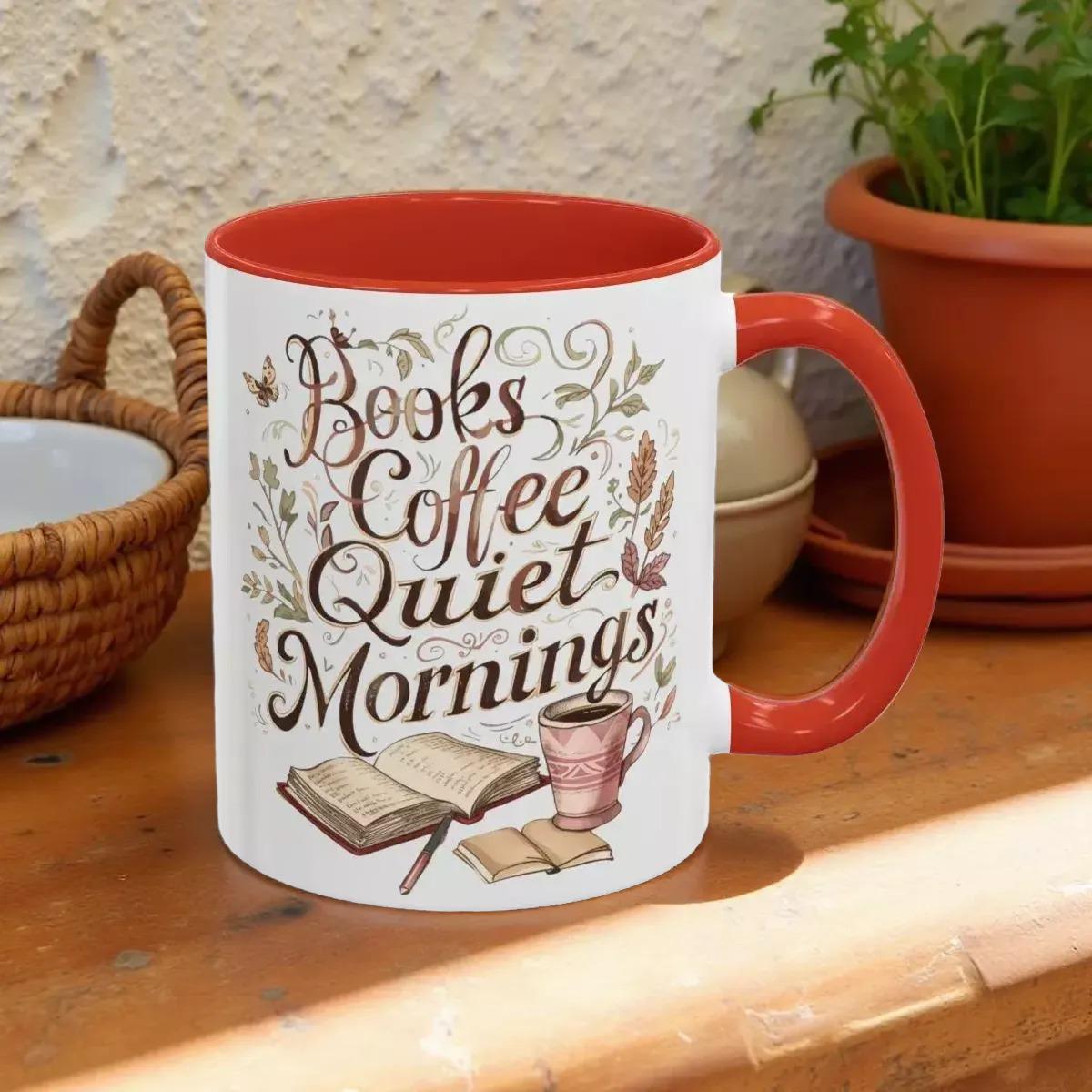 A white mug with a red handle, featuring a printed design that says "Books Coffee Quiet Mornings" along with illustrations of a book, a cup of coffee, and a warm beverage.