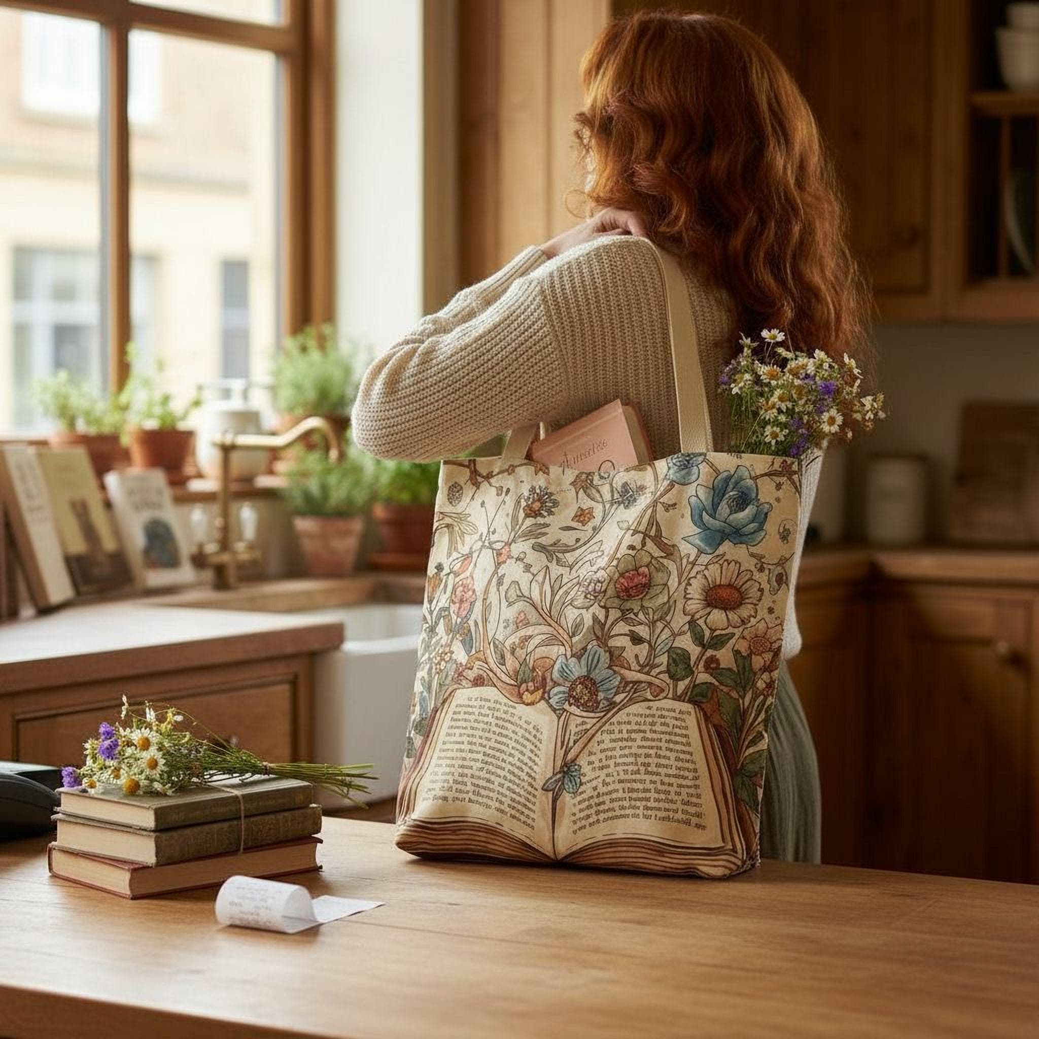 A woman with red hair stands in a kitchen, holding a floral tote bag with an open book design on it. She is surrounded by potted plants and books, creating a cozy and intellectual atmosphere.