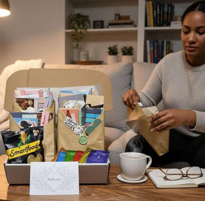A woman is sitting on a couch in a living room, opening a package on a wooden coffee table. The table also has a coffee cup, a card, and some snacks.