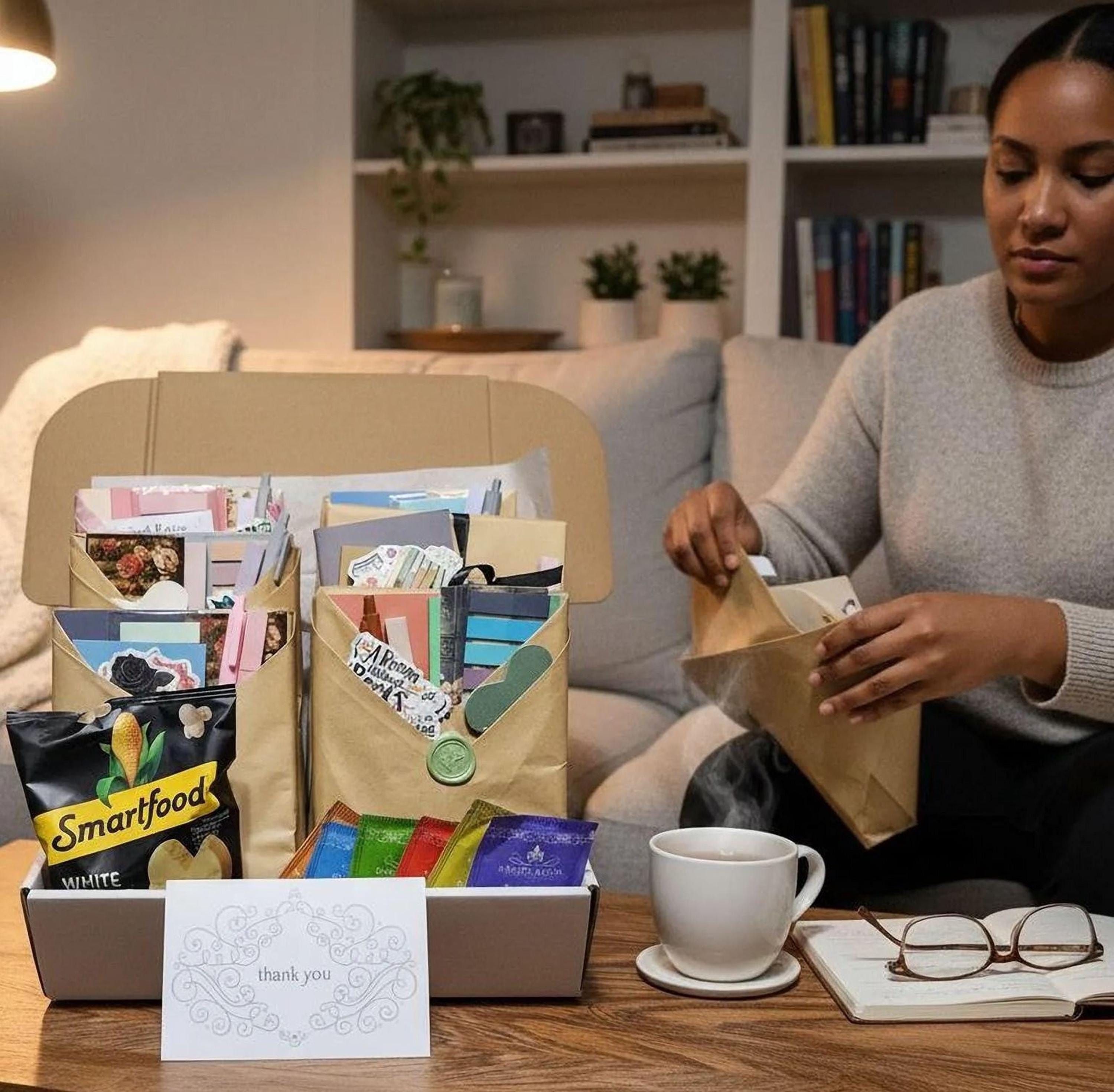 A woman is sitting on a couch in a living room, opening a package on a wooden coffee table. The table also has a coffee cup, a card, and some snacks.