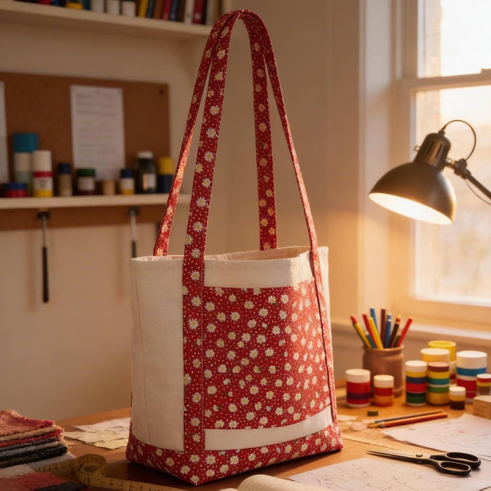 Handmade Book Lover's Floral Tote Bag, Cotton Canvas (Large Front and Interior Pockets)