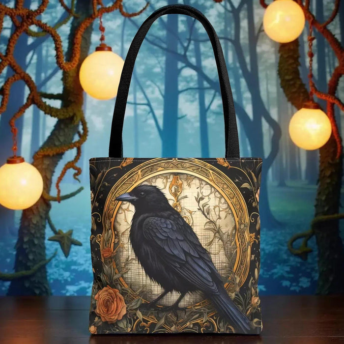 Gothic Raven Tote Bag • Victorian Crow Shopping Carryall Bag, Botanical Roses