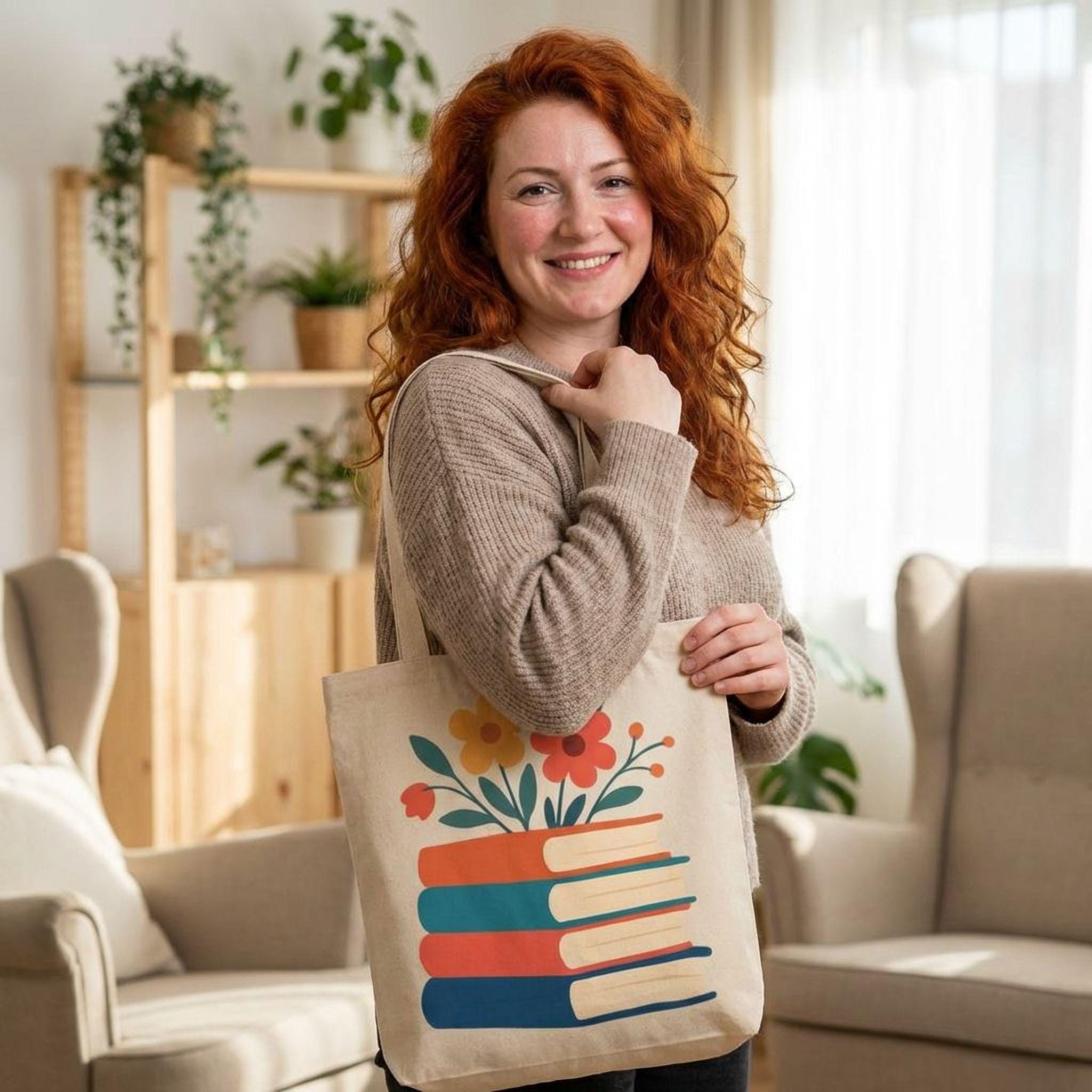A woman with curly red hair is smiling and holding a colorful tote bag with a floral design.
