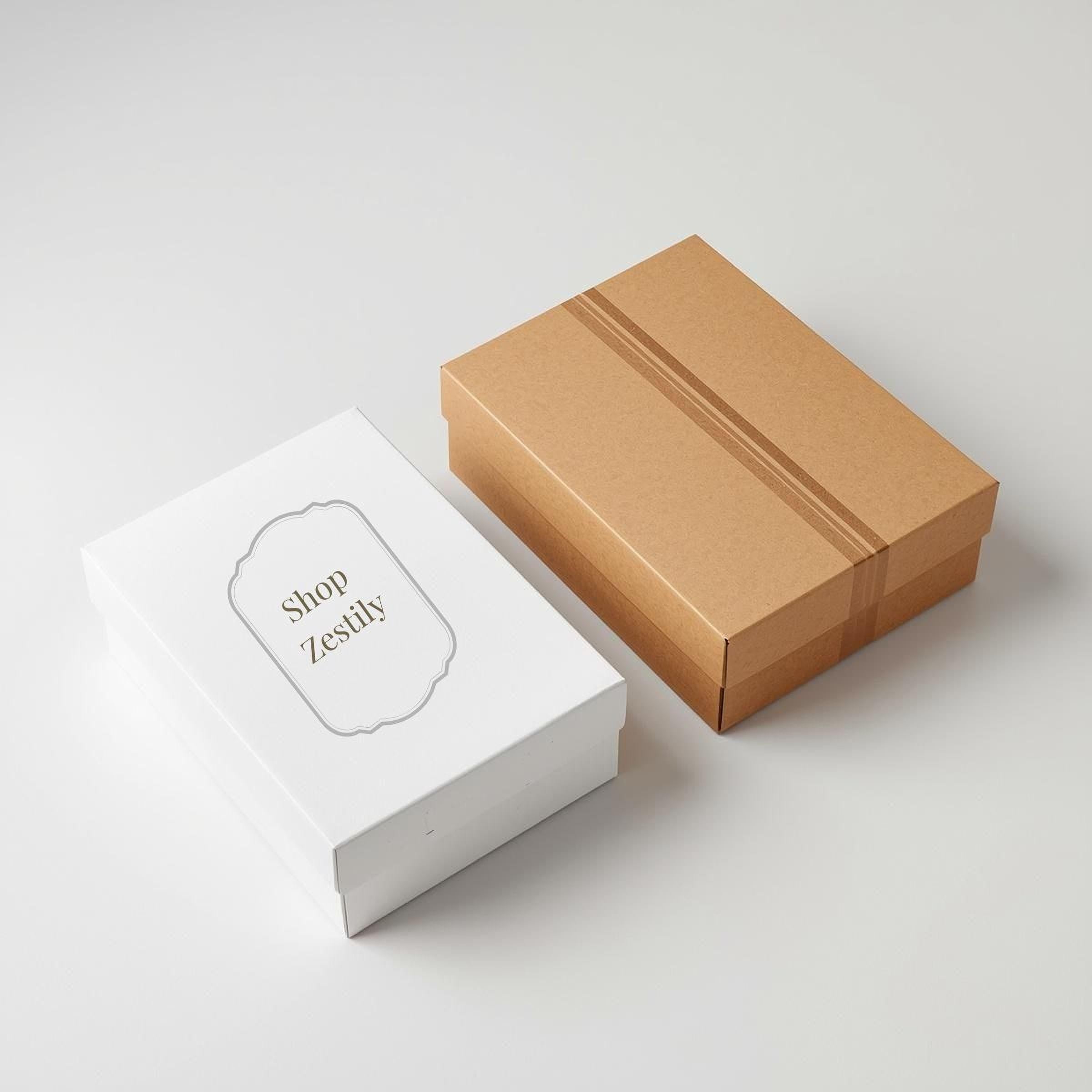 Two cardboard boxes, one white and one brown, are placed side by side on a white background.