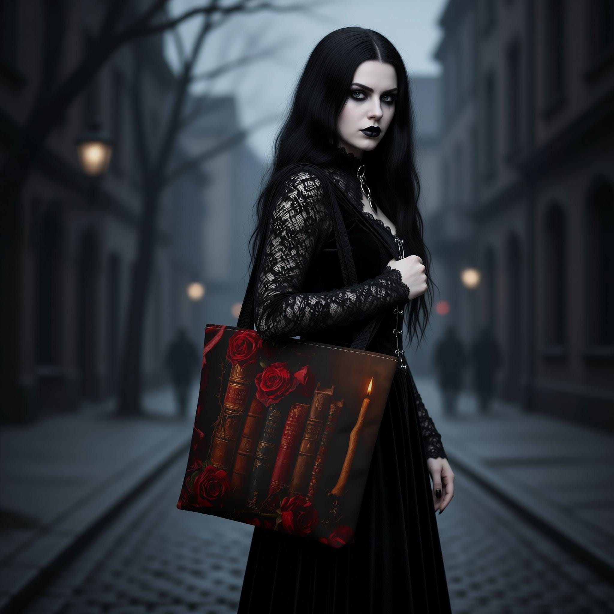 A tote bag with a printed design featuring a row of old books with red roses on the cover, and a lit candle in the background.