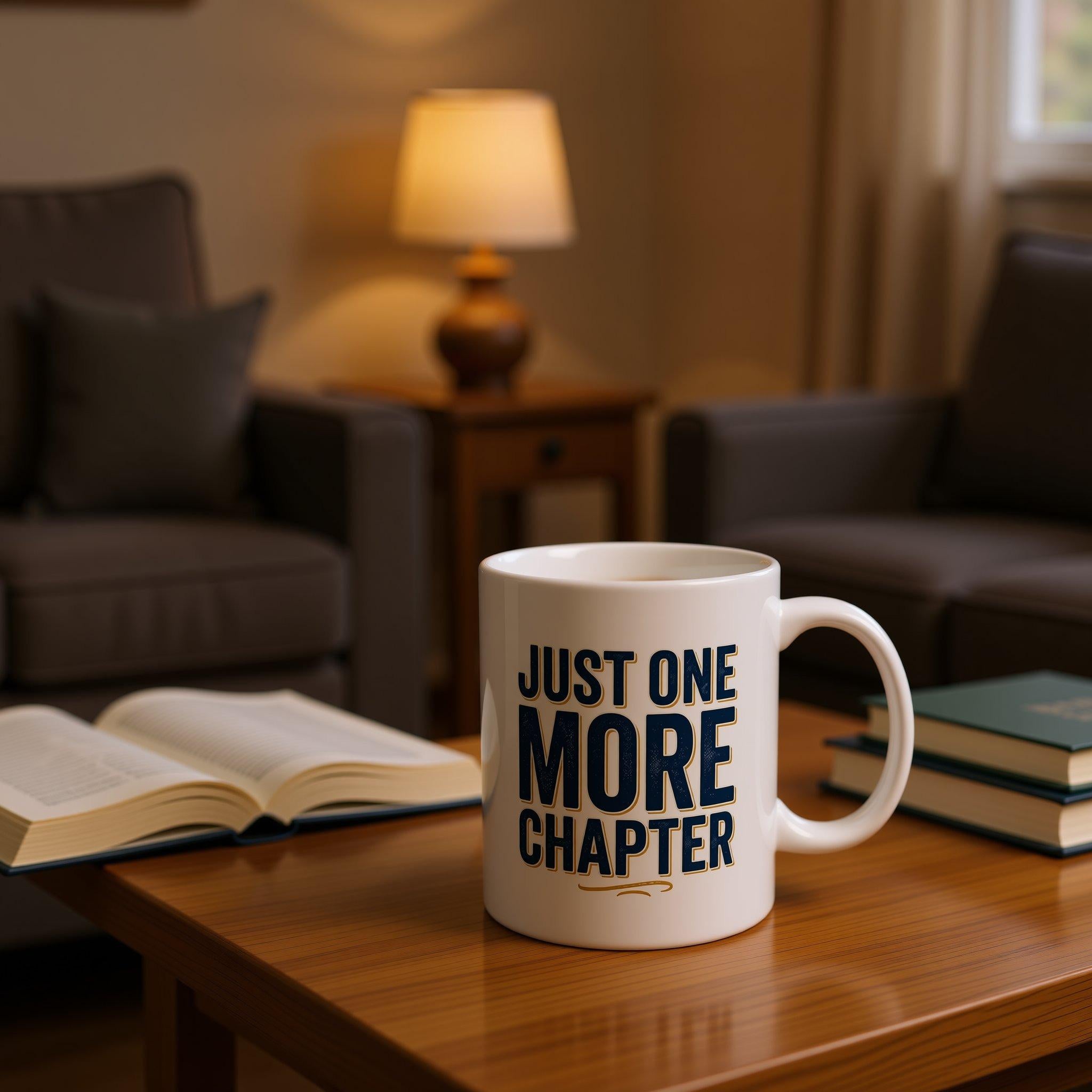 A white ceramic mug with the text "JUST ONE MORE CHAPTER" printed on it in blue and gold lettering.