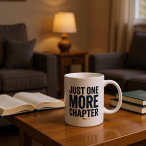 A white ceramic mug with the text "JUST ONE MORE CHAPTER" printed on it in blue and gold lettering.