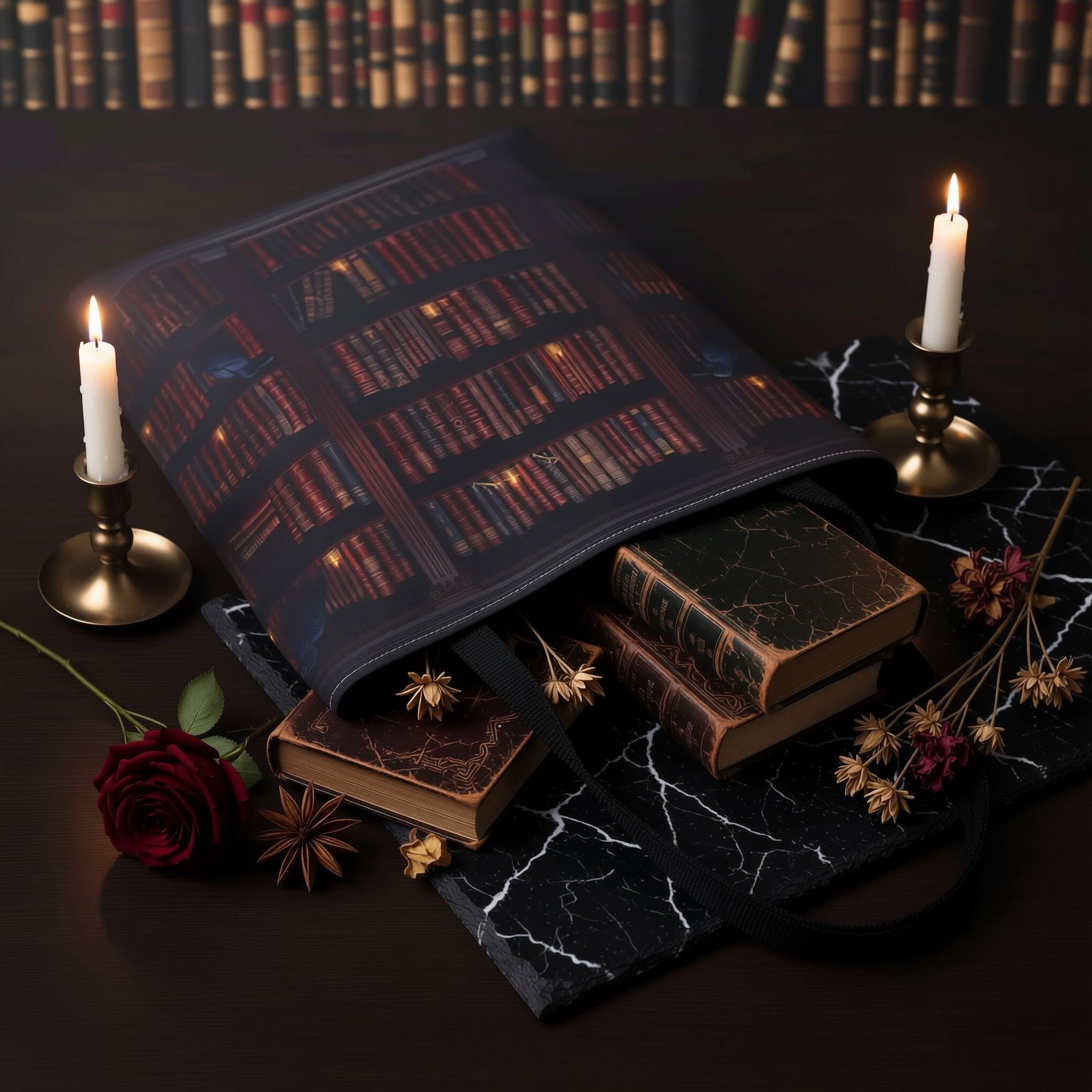 A tote bag with a printed design of a bookshelf filled with books.