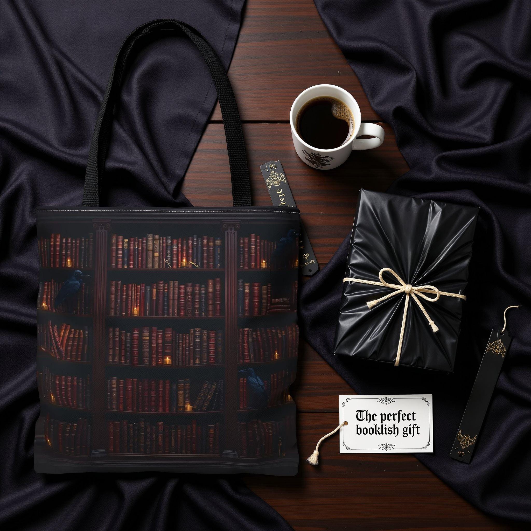 A tote bag with a printed design of a bookshelf filled with books.