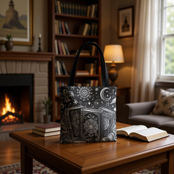 Mystical Book Tote Bag \ Black White Illustration \ Dark Academia Witchy Bookish Gift for Her \ Whimsigoth BookTok \ Book Lover Library Bag
