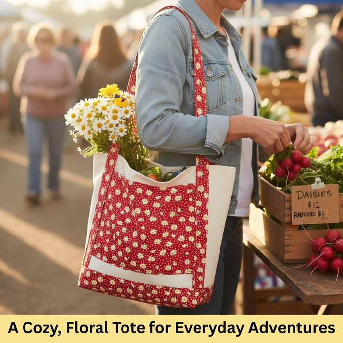 Handmade Book Lover's Floral Tote Bag, Cotton Canvas (Large Front and Interior Pockets)
