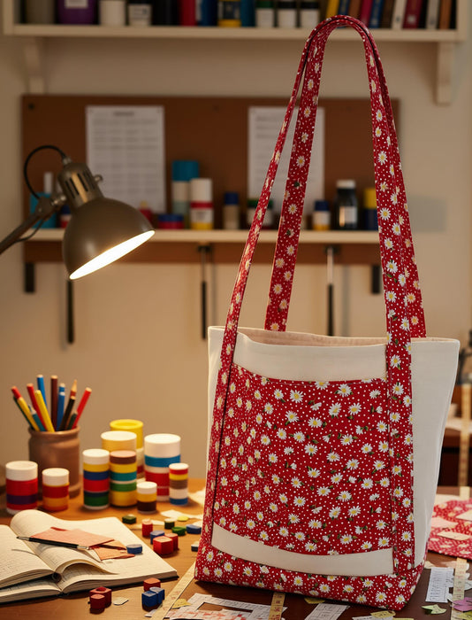 Handmade Book Lover's Floral Tote Bag, Cotton Canvas (Large Front and Interior Pockets)