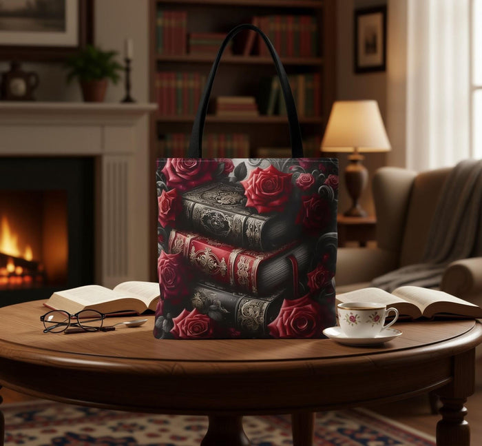 Dark Romance Roses and Books Tote Bag \ Gothic Bookish Gift for Her \ Romantasy BookTok \ Dark Floral Book Lover \ Vintage Library Bag