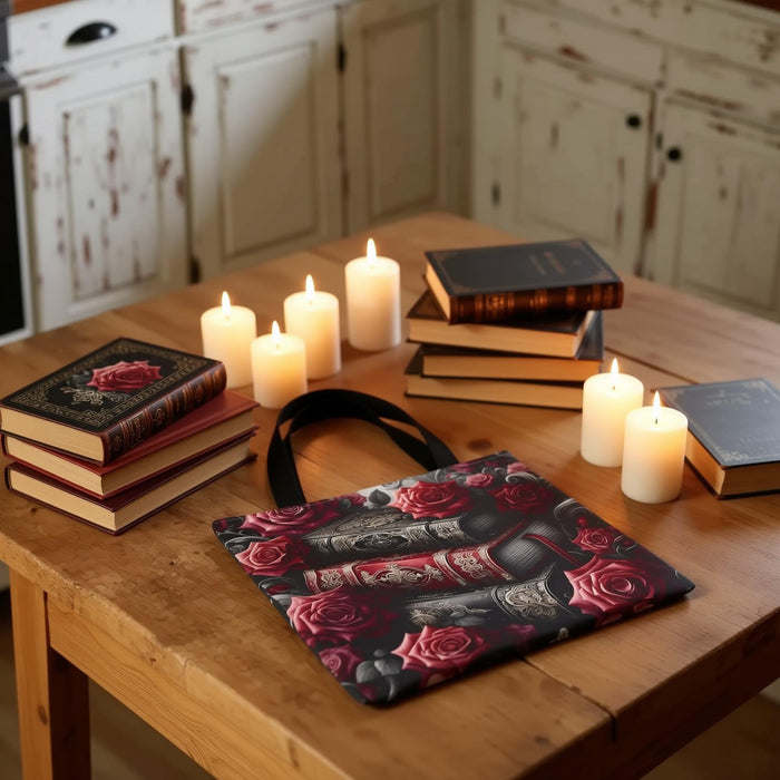 Dark Romance Roses and Books Tote Bag \ Gothic Bookish Gift for Her \ Romantasy BookTok \ Dark Floral Book Lover \ Vintage Library Bag