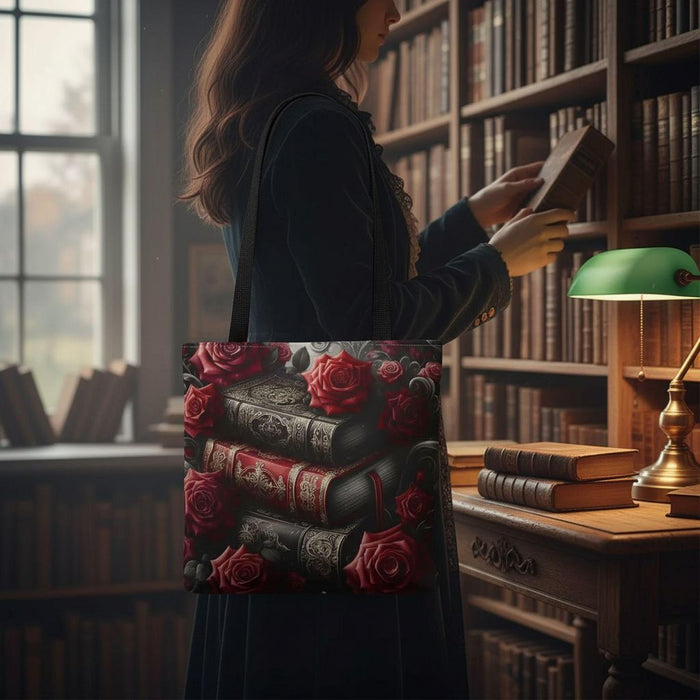 Dark Romance Roses and Books Tote Bag \ Gothic Bookish Gift for Her \ Romantasy BookTok \ Dark Floral Book Lover \ Vintage Library Bag