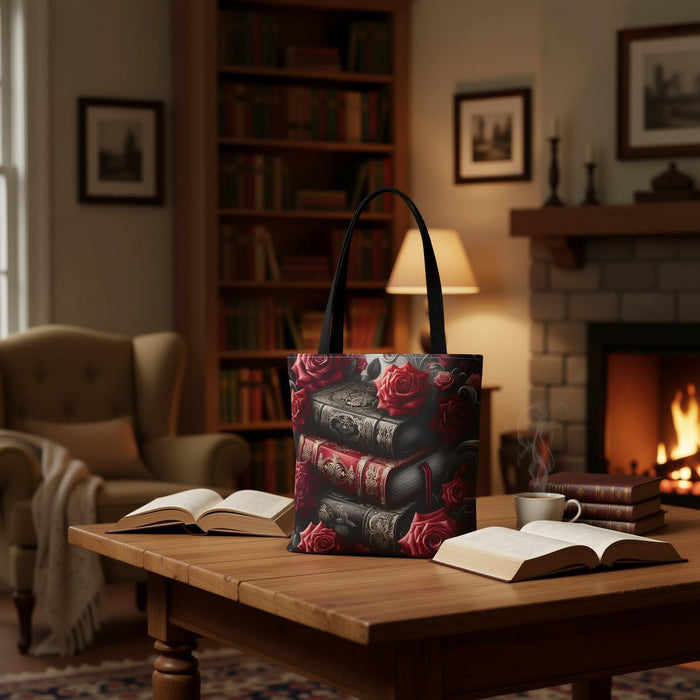 Dark Romance Roses and Books Tote Bag \ Gothic Bookish Gift for Her \ Romantasy BookTok \ Dark Floral Book Lover \ Vintage Library Bag
