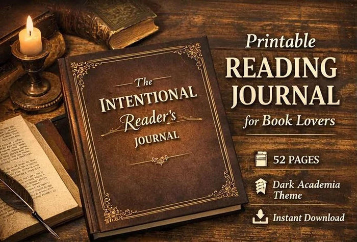 The image is a collage of five different pages from a printable reading journal for book lovers. The pages include a book, a book review, a book challenge, a book list, and a tracking system for reading goals.