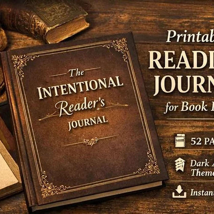 The image is a collage of five different pages from a printable reading journal for book lovers. The pages include a book, a book review, a book challenge, a book list, and a tracking system for reading goals.