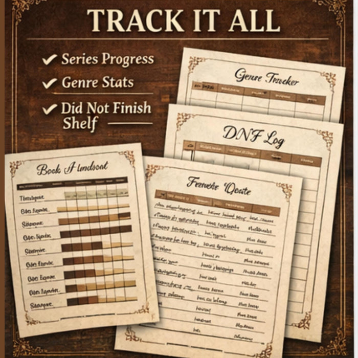 The image is a collage of five different pages from a printable reading journal for book lovers. The pages include a book, a book review, a book challenge, a book list, and a tracking system for reading goals.