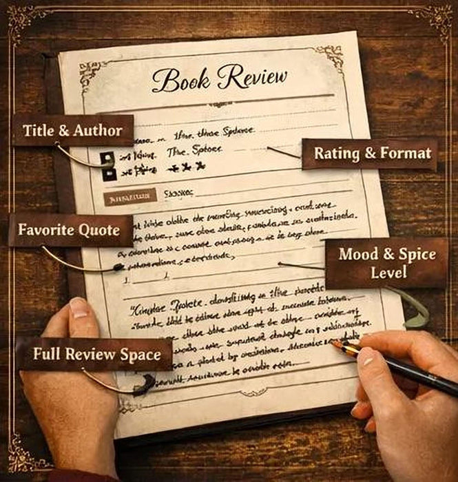 The image is a collage of five different pages from a printable reading journal for book lovers. The pages include a book, a book review, a book challenge, a book list, and a tracking system for reading goals.