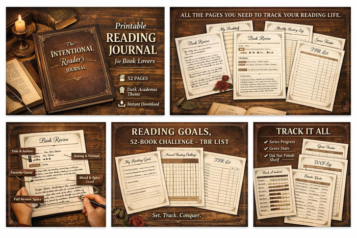 The image is a collage of five different pages from a printable reading journal for book lovers. The pages include a book, a book review, a book challenge, a book list, and a tracking system for reading goals.