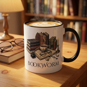 A mug with a design featuring books, a cup of coffee, and a book worm, sitting on a wooden table next to a lamp and glasses.