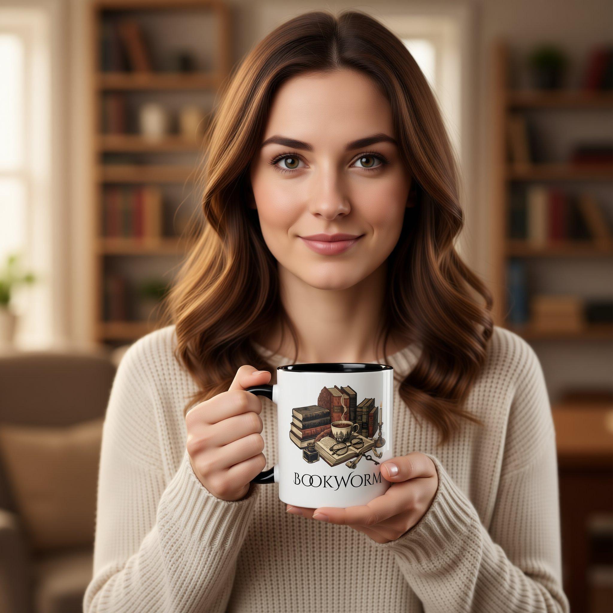 A white mug with a black handle, featuring an illustration of a bookworm surrounded by various books, a cup of coffee, and other objects associated with reading and writing.