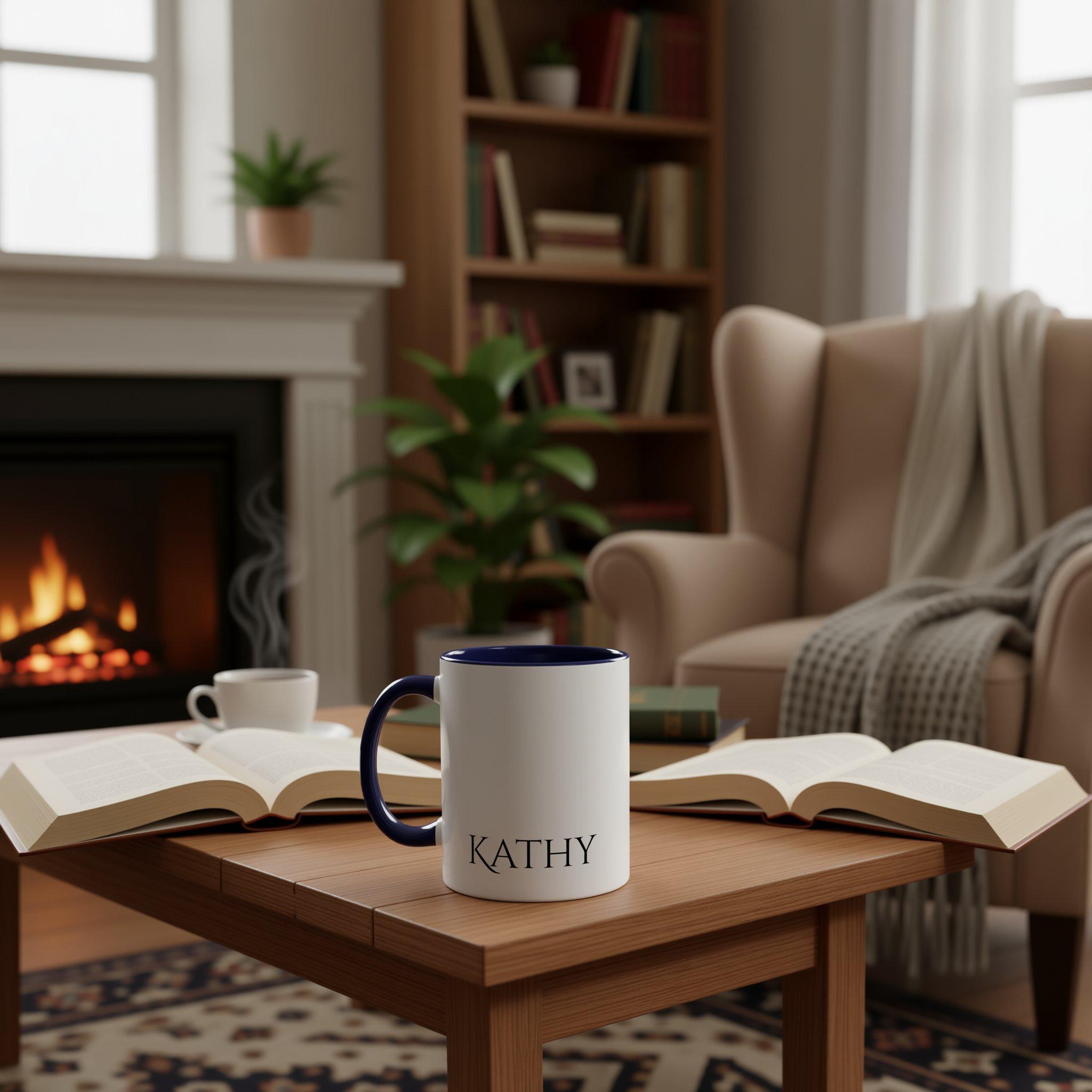 A white mug with a blue interior and handle, featuring the name "Kathy" printed on it.