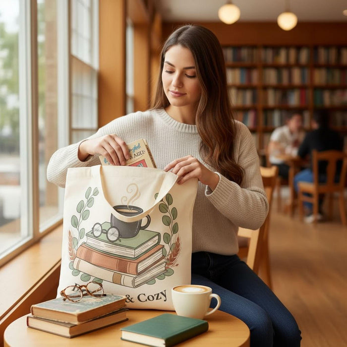 Bookish & Cozy Tote Bag – Literary Reader Coffee and Books Shopping Carryall