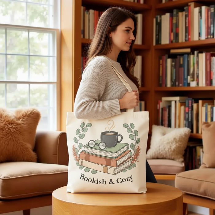 Bookish & Cozy Tote Bag – Literary Reader Coffee and Books Shopping Carryall