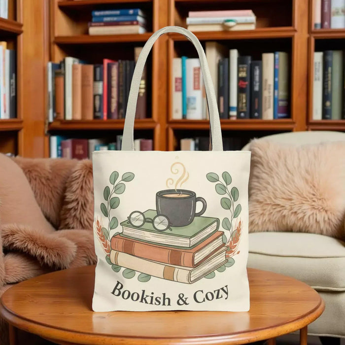 Bookish & Cozy Tote Bag – Literary Reader Coffee and Books Shopping Carryall