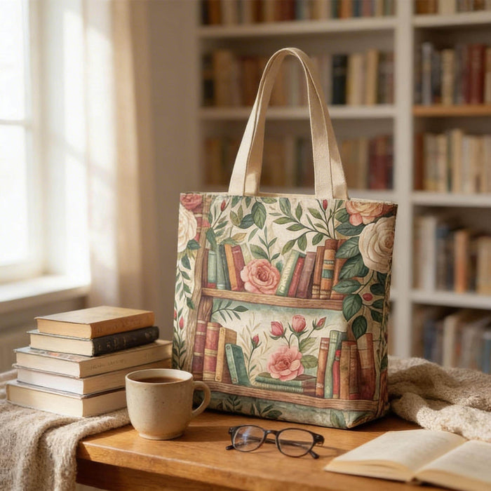 Tote Bag: Floral Bookshelf Design - Durable Polyester Carryall For Shopping and Books, 3 Sizes
