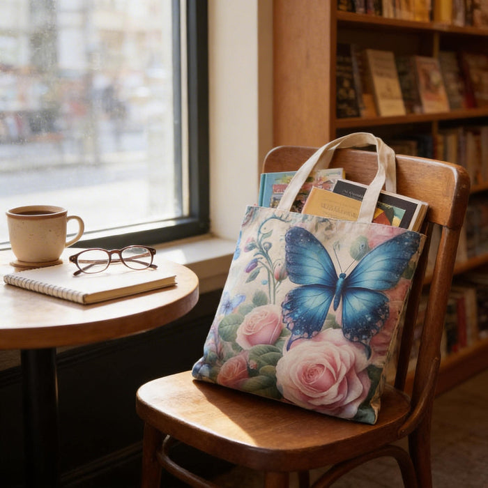 Butterfly Tote Bag, Floral Print, Blue and Pink Roses Books Shopping (Everyday Use)