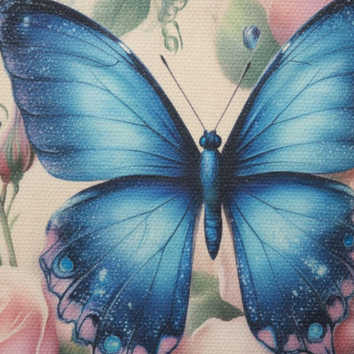 Butterfly Tote Bag, Floral Print, Blue and Pink Roses Books Shopping (Everyday Use)