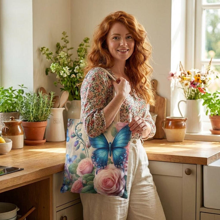 Butterfly Tote Bag, Floral Print, Blue and Pink Roses Books Shopping (Everyday Use)