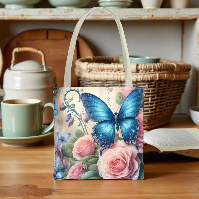 Butterfly Tote Bag, Floral Print, Blue and Pink Roses Books Shopping (Everyday Use)