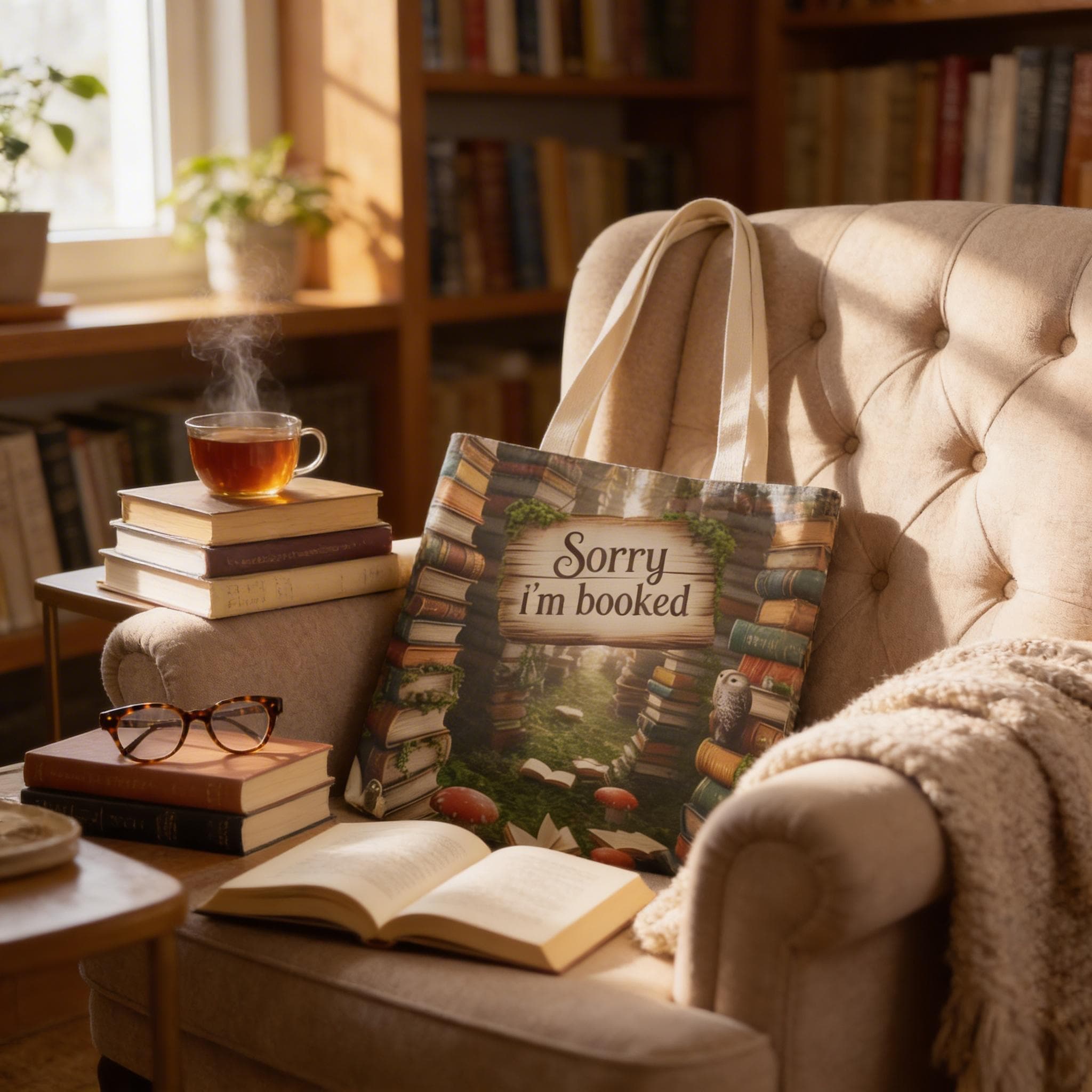 Bookish Tote Bag — "Sorry I'm Booked" Literary Canvas Booklover Carryall