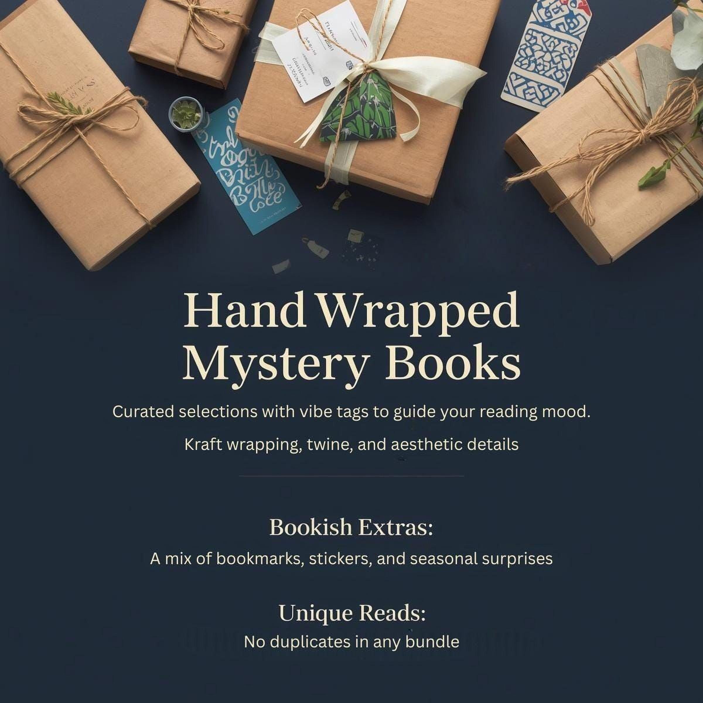 The image is a promotional graphic for a "Hand Wrapped Mystery Books" package. It features a variety of wrapped books with ribbons and other decorative elements, along with text describing the package's features.