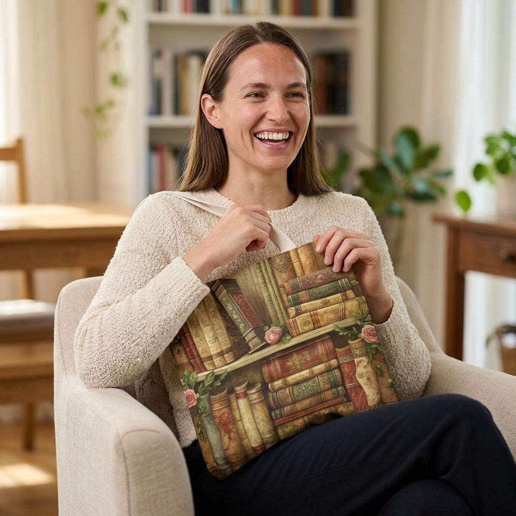 A woman is sitting in a chair, smiling and holding a book bag with a book design on it.