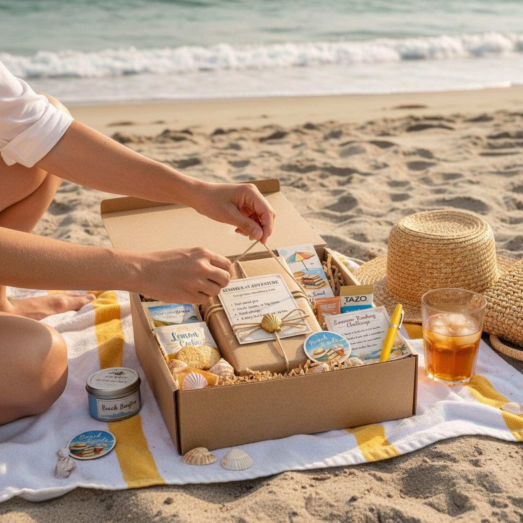 A person is opening a box on a beach, surrounded by various items such as a straw hat, a glass of iced tea, and a beach towel.