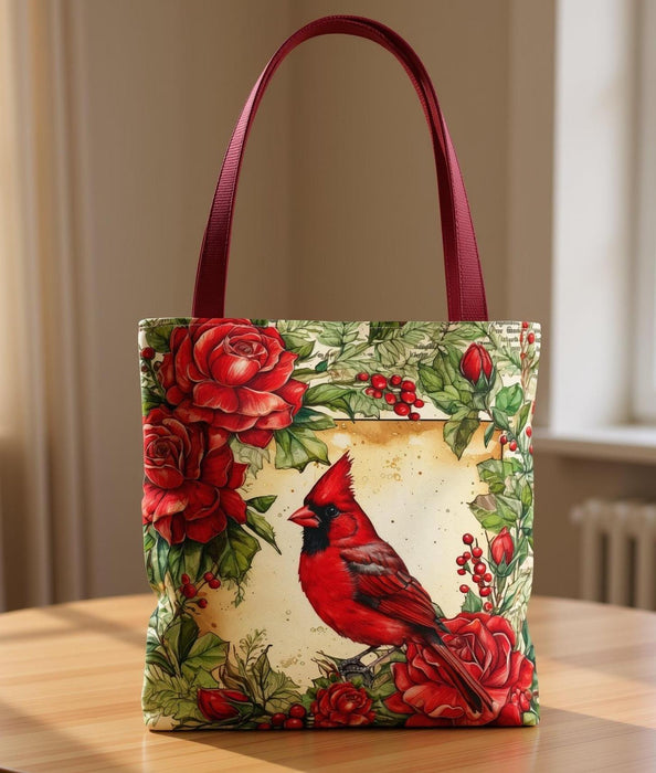 Cardinal Bird Floral Polyester Tote Bag, Holiday Book Bag