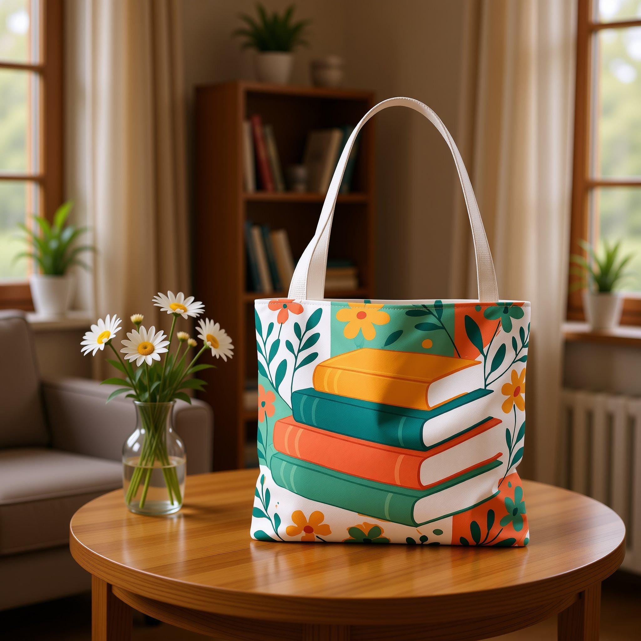 A tote bag with a colorful floral pattern and a stack of books on top.